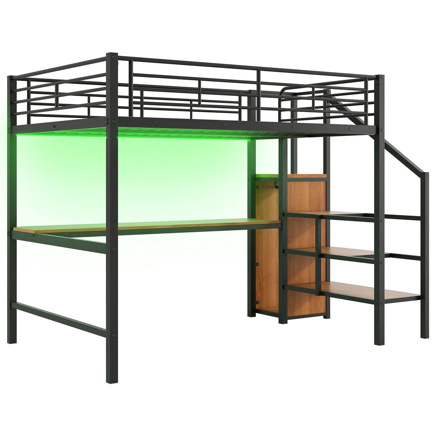 Loft Bed With Desk, Storage Staircase, Small Wardrobe And LED Light by HouseOfZazla