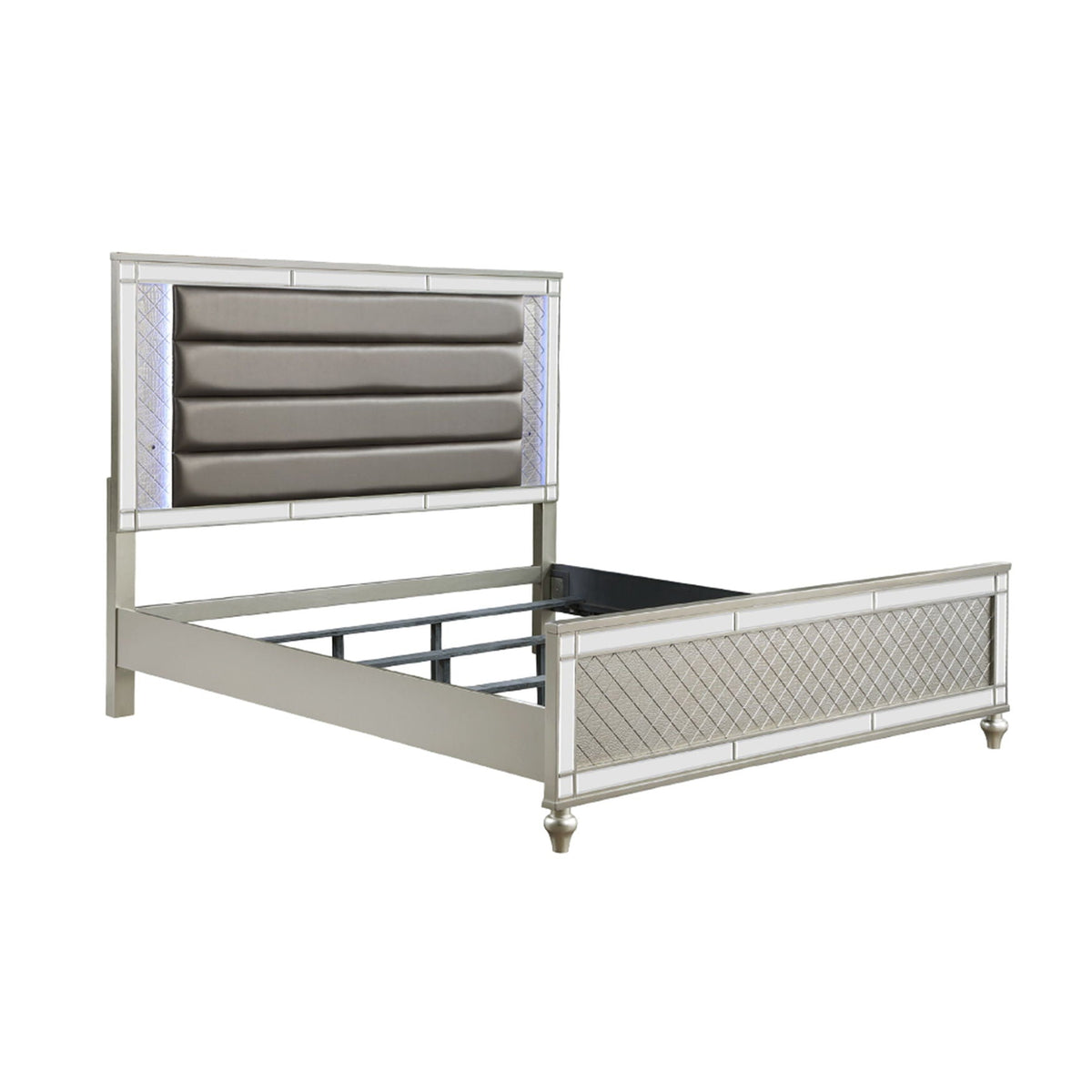 Modern Panel Bed with Tufted Design and LED Lighting - Pearl Silver