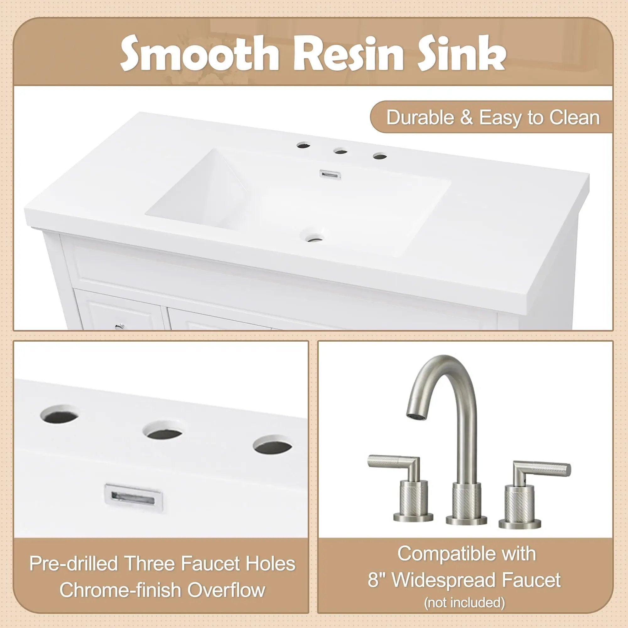 Bathroom Vanity With Sink, 6 Soft Close Drawers & Double Doors - White