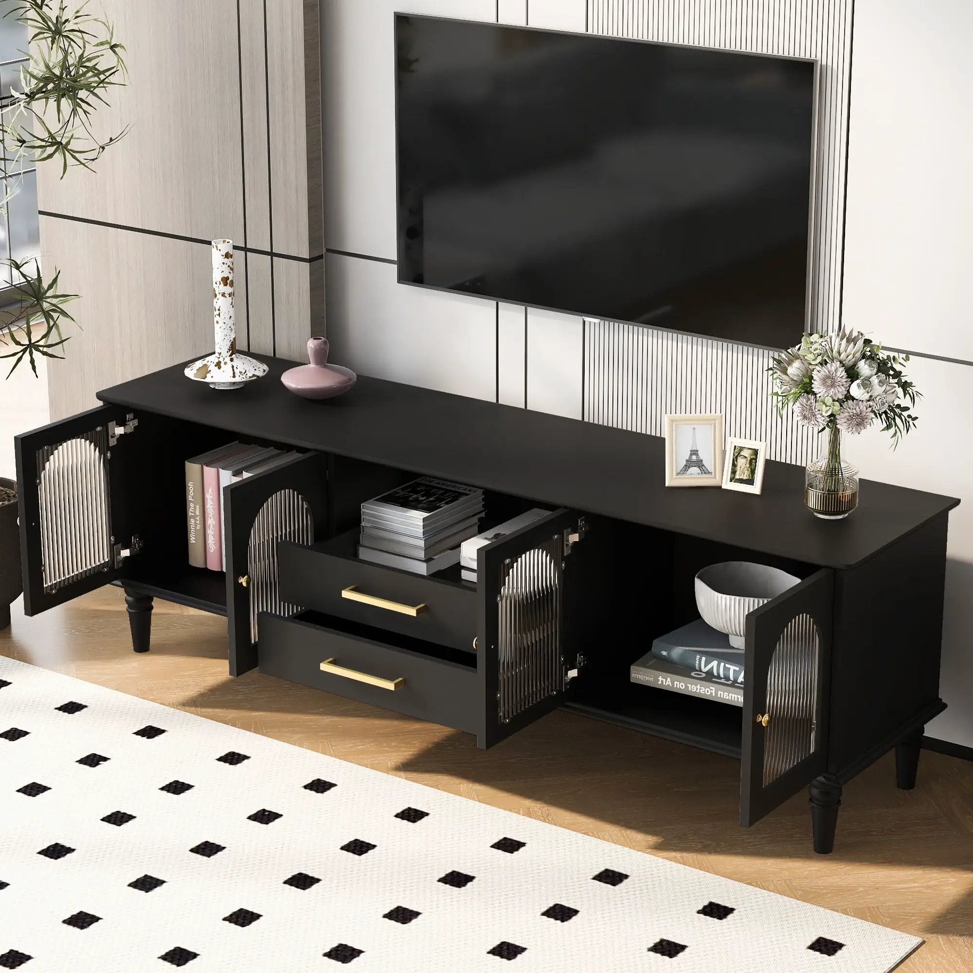 TV Stand For TVs Up To 75", Entertainment Center Media Console For Living Room - Black by HouseOfZazla