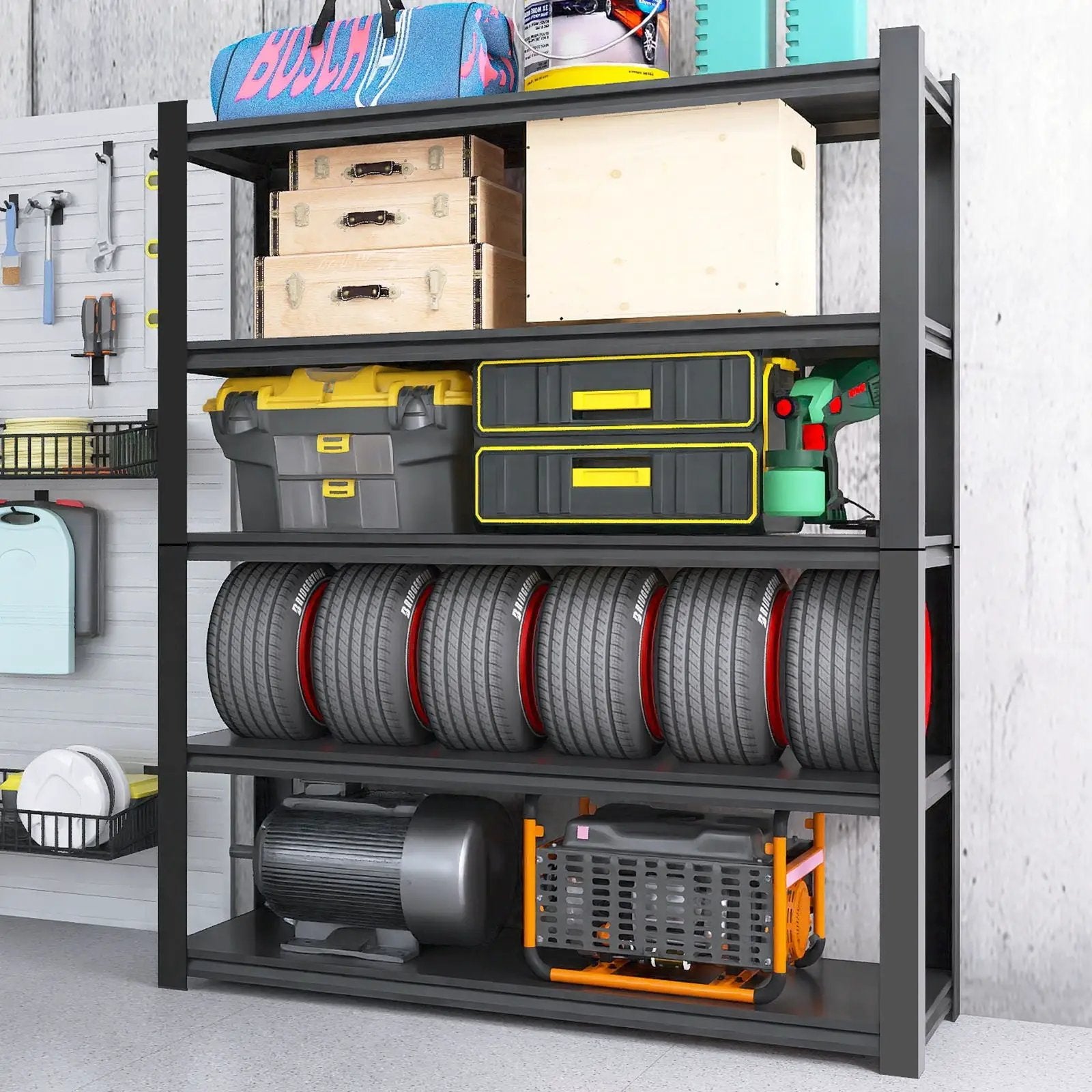 Shelves With 5 Removable Dividers, Durable For Garage - Black by HouseOfZazla