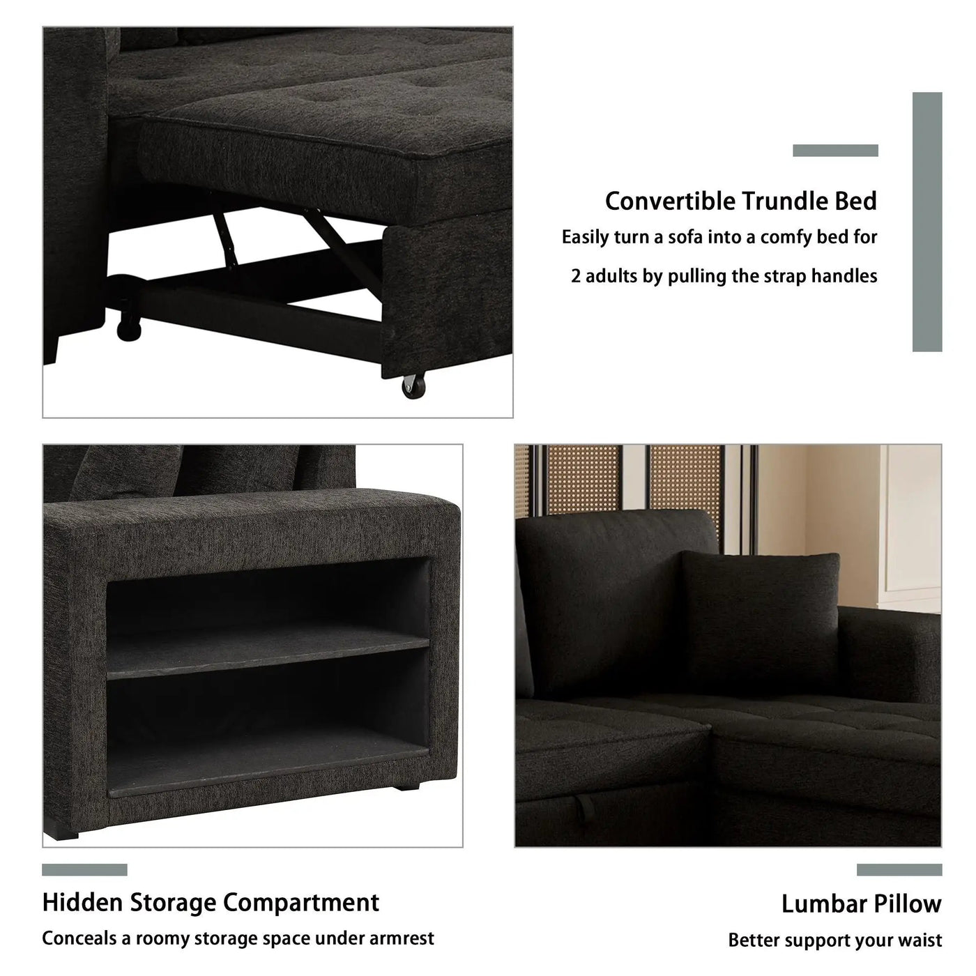 Modern L-Shape 3 Seat Reversible Sectional Couch, Pull Out Sleeper Sofa With Storage Chaise And 2 Stools For Living Room Furniture Set by Unique Piece Furniture
