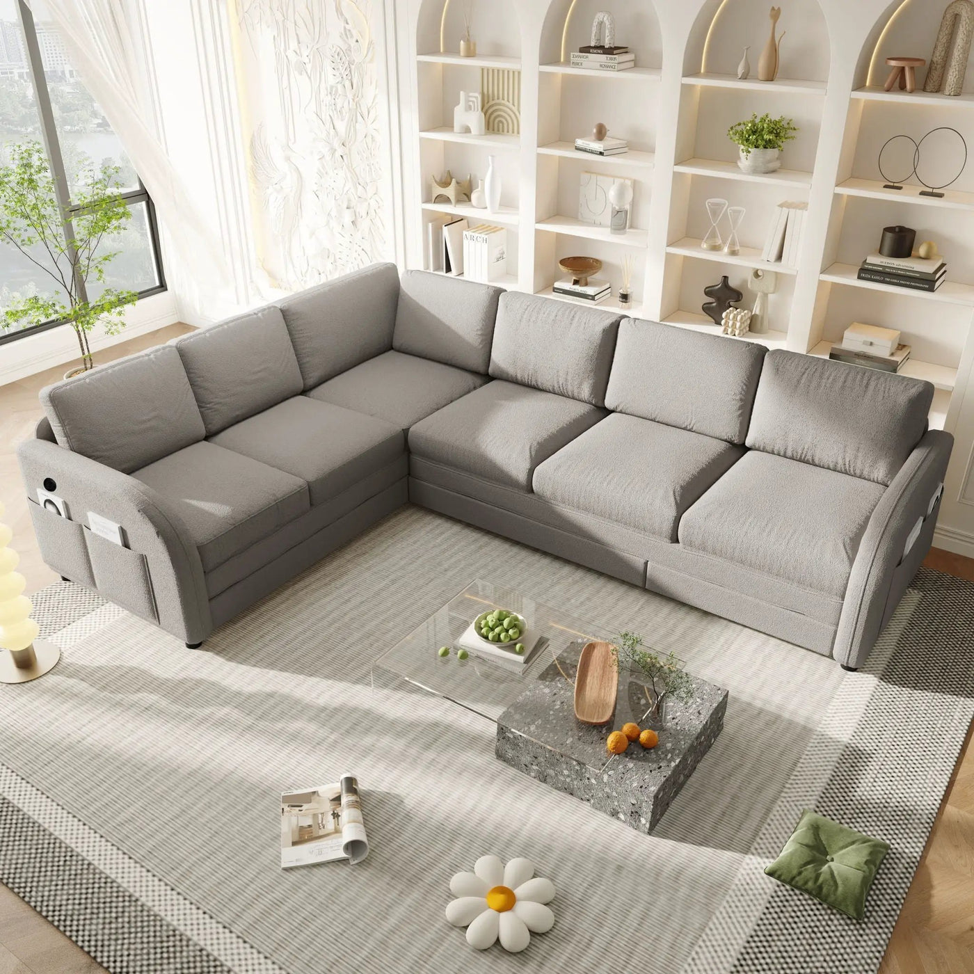 L-Shaped Couch With Pull-Out Bed, Convertible Sleeper Sofa With Side Pocket & USB Port by HouseOfZazla
