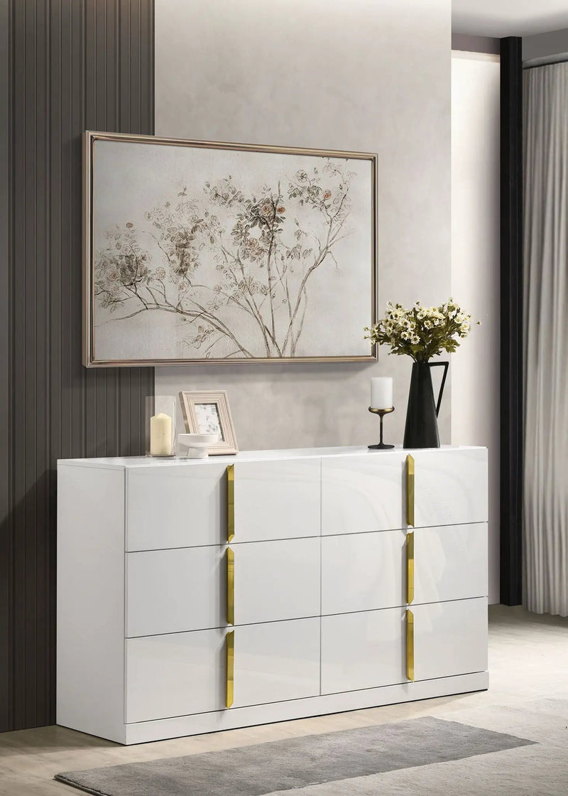 Ines 6-drawer Bedroom Dresser Cabinet White High Gloss by Unique Piece Furniture