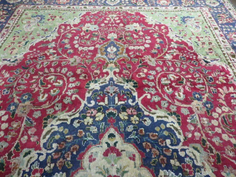 Persian Tabriz Rug 7x10, Red Blue and Green Rug, Allover Floral Medallion Rug, Hand Knotted Rug, Antique Rug 7 x 10 Vintage Wool Oriental Carpet by Jewel Rugs