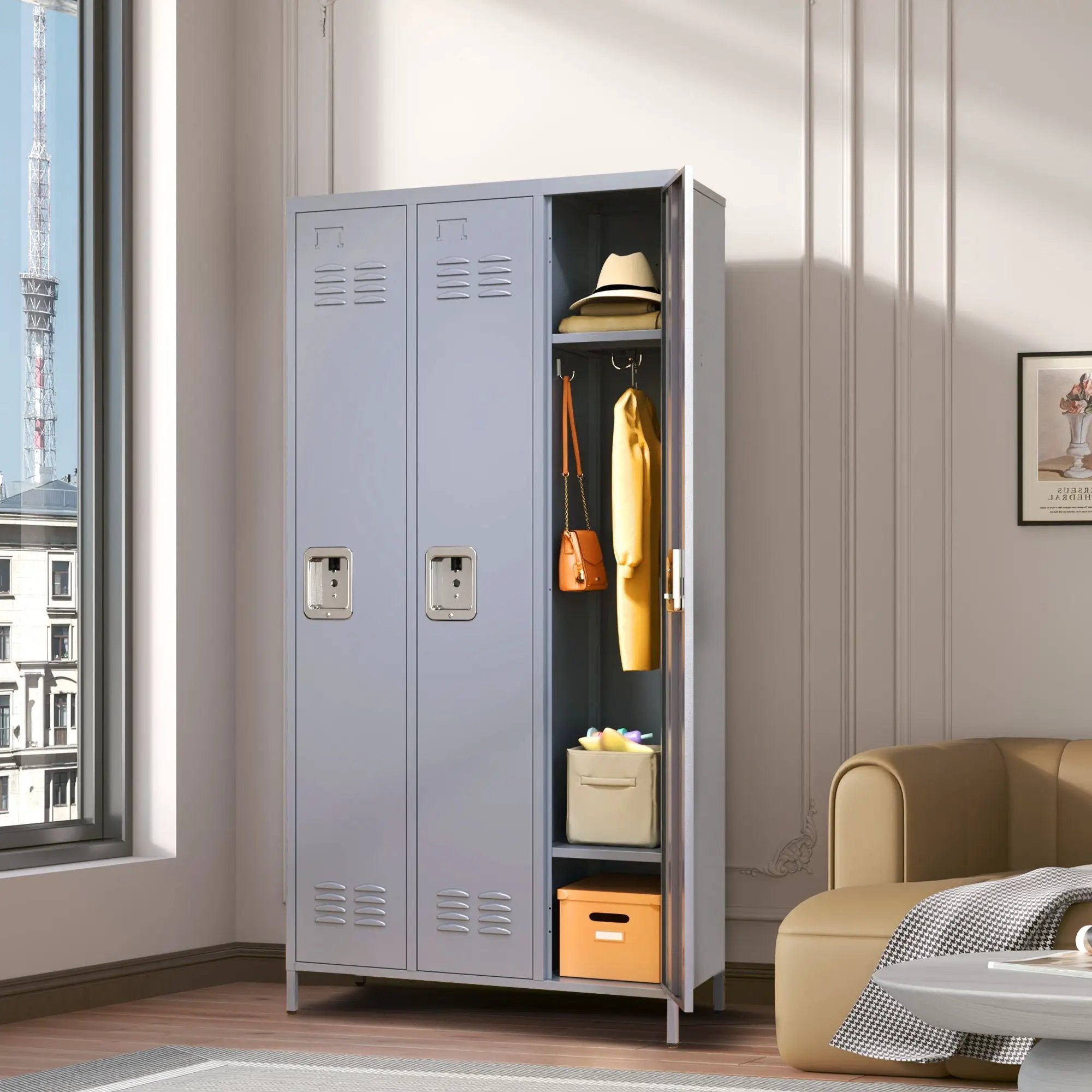 3 Door Lockers With Lock For Home, Gym, Office, School, And Garage - Gray by HouseOfZazla
