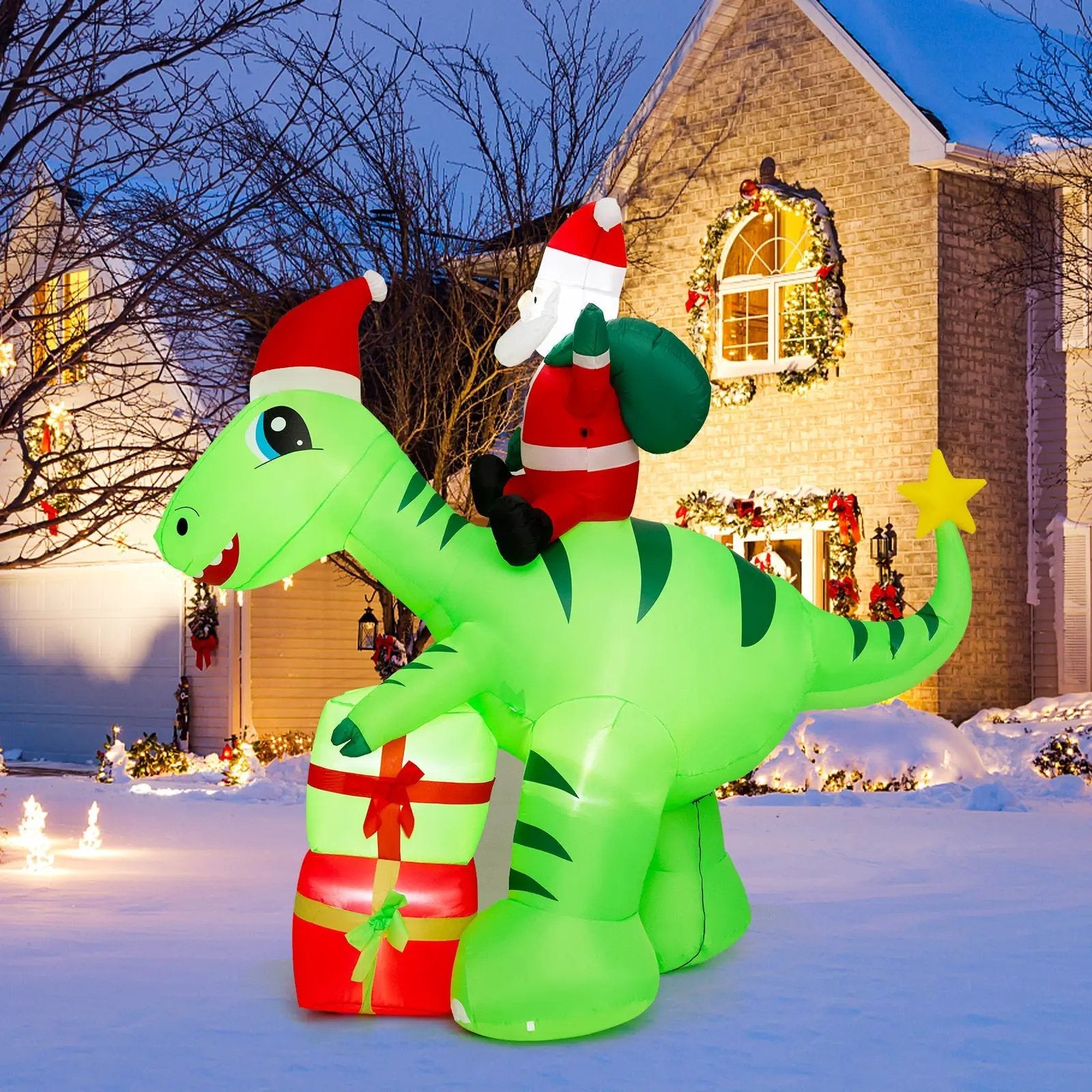 8 Feet Lighted Christmas Inflatable Santa Claus Dinosaur Decoration with Gift Boxes by DirectDeals