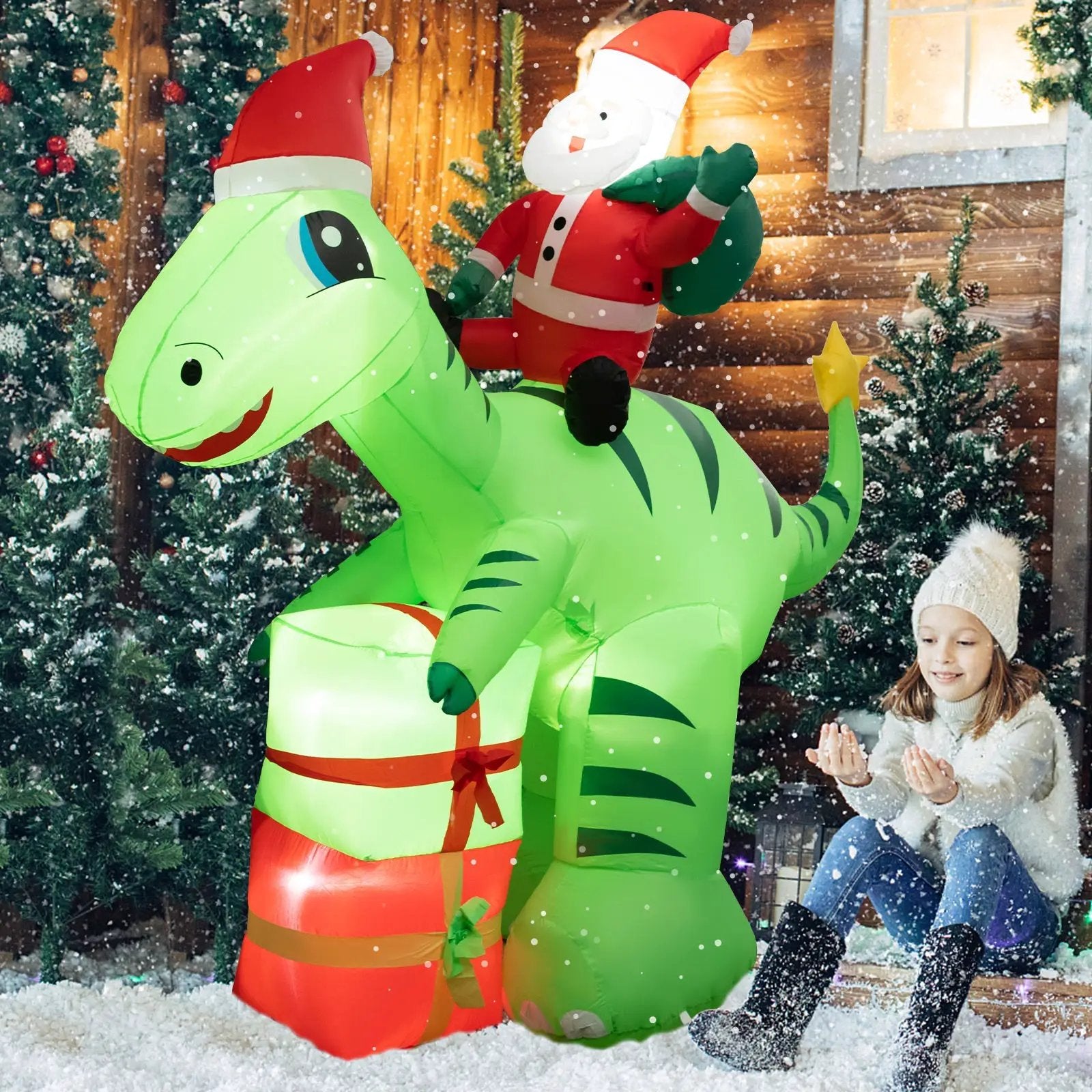 8 Feet Lighted Christmas Inflatable Santa Claus Dinosaur Decoration with Gift Boxes by DirectDeals