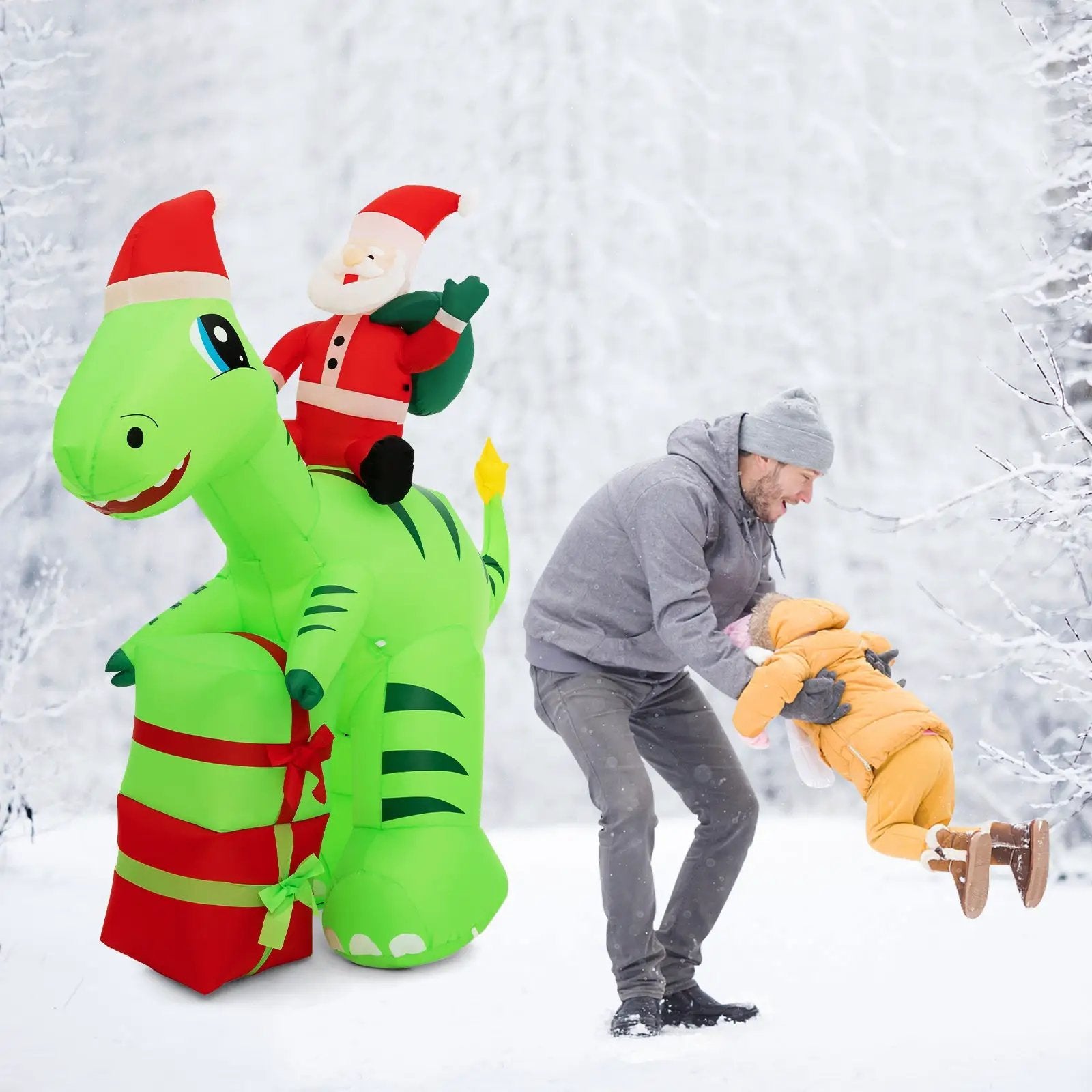 8 Feet Lighted Christmas Inflatable Santa Claus Dinosaur Decoration with Gift Boxes by DirectDeals