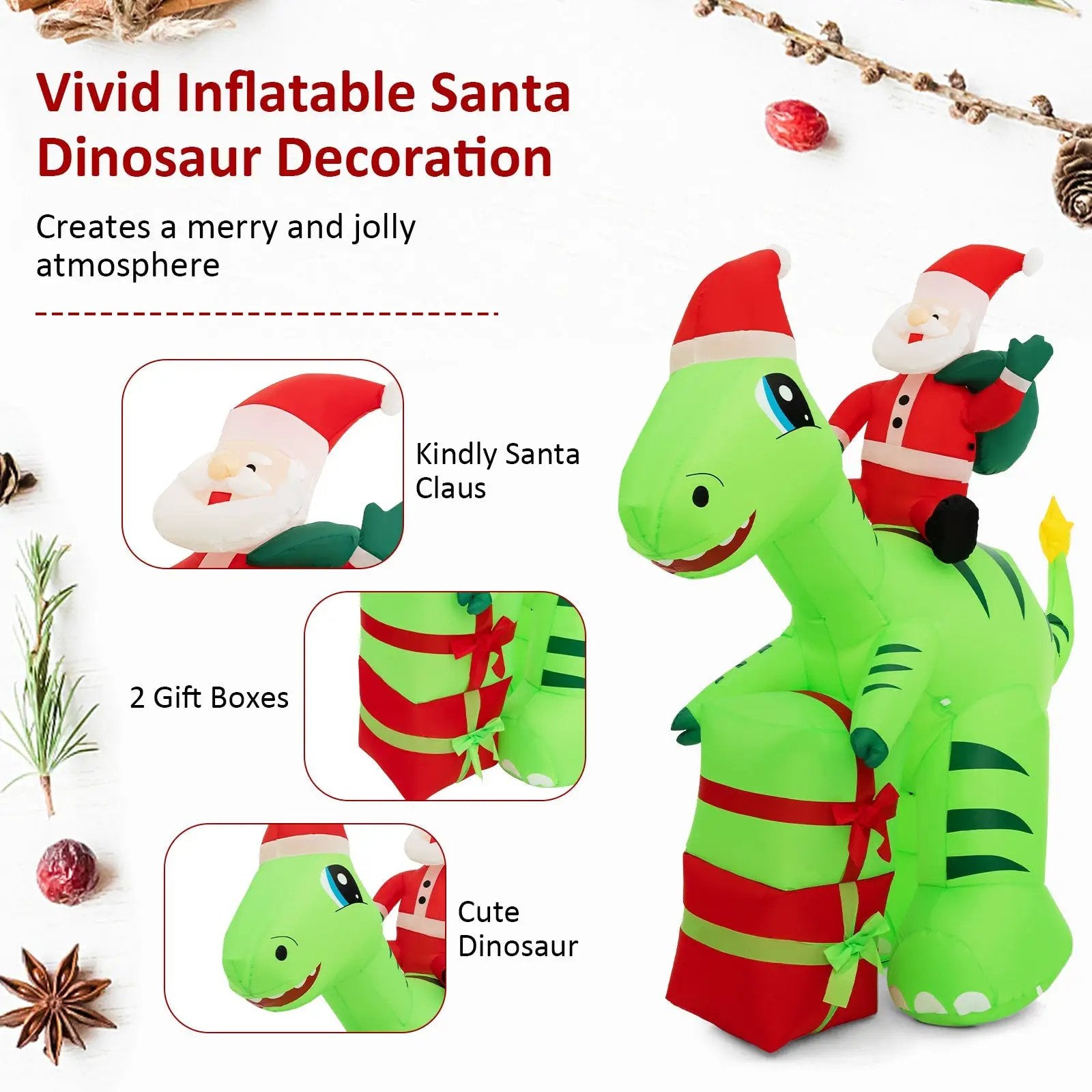 8 Feet Lighted Christmas Inflatable Santa Claus Dinosaur Decoration with Gift Boxes by DirectDeals