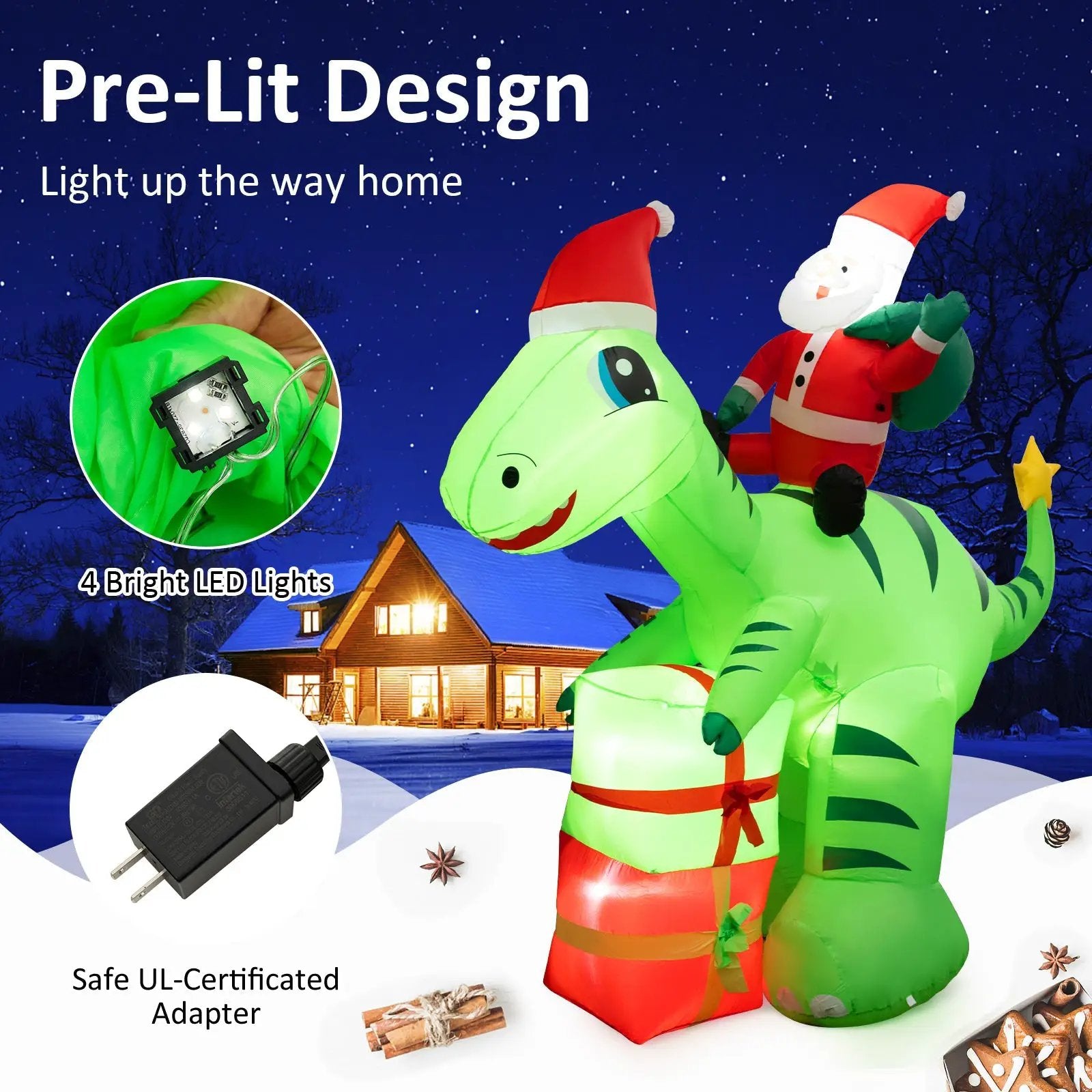 8 Feet Lighted Christmas Inflatable Santa Claus Dinosaur Decoration with Gift Boxes by DirectDeals