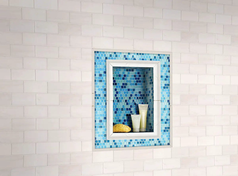 Whisper White Quarter Round 5/8x6 Molding Glossy Ceramic Mosaics in a finished room