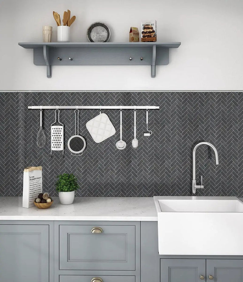 Morning Fog Quarter Round 5/8x6 Molding Glossy Ceramic Mosaics in a finished room