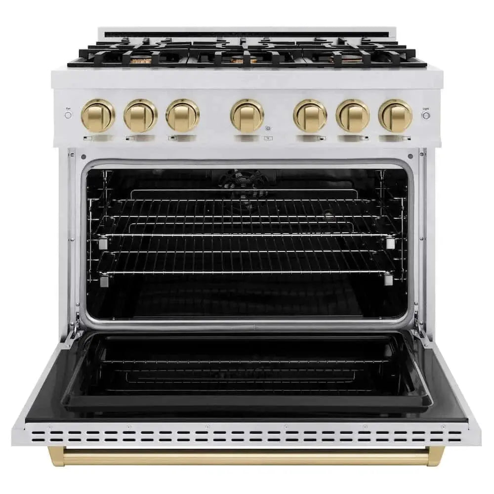 ZLINE 36" Dual Fuel Range, Gas Cooktop, Electric Convection Oven DuraSnow® Stainless Steel, Champagne Bronze CDRSZ-36-CB by Farmhouse Kitchen and Bath