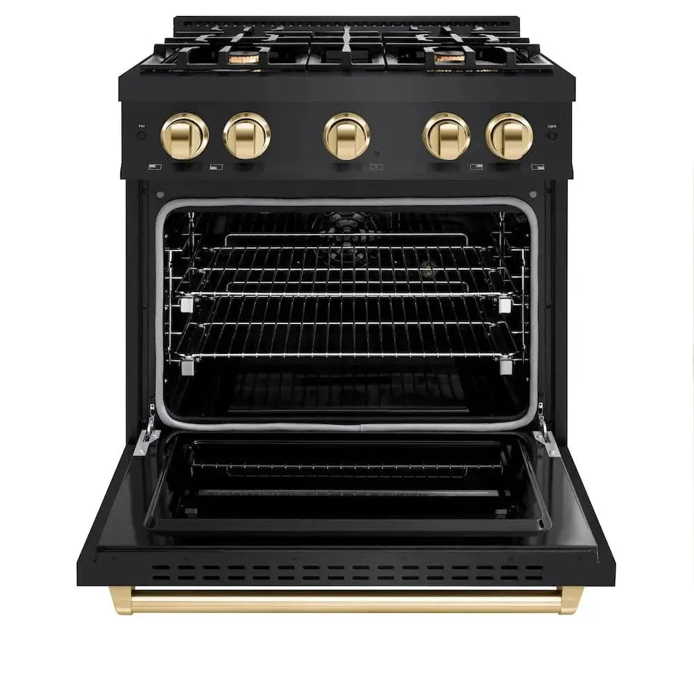 ZLINE 30" Dual Fuel Range, Gas Cooktop, Electric Convection Oven Black Stainless Steel, Gold CDRBZ-30-G by Farmhouse Kitchen and Bath