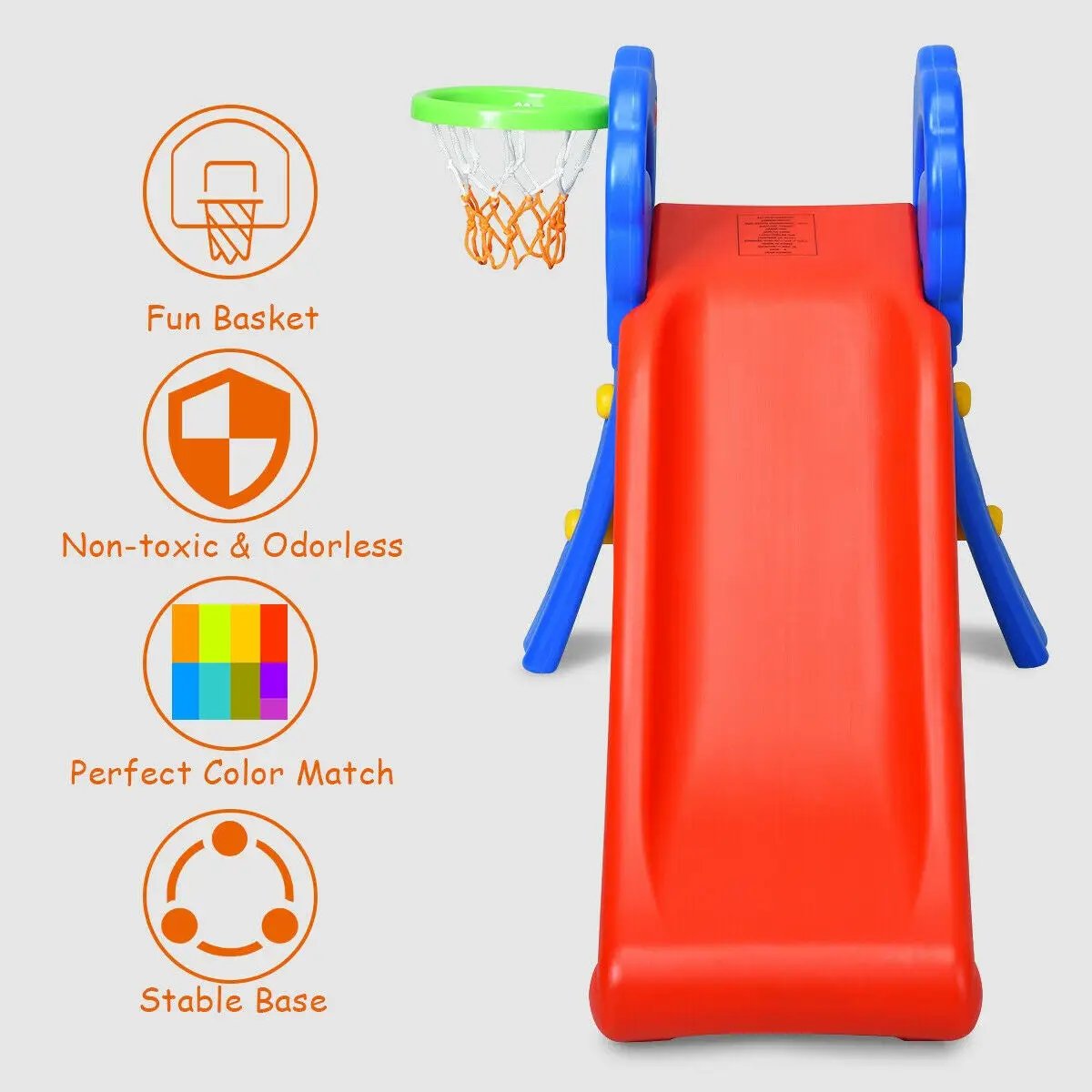 2 Step Indoors Kids Plastic Folding Slide with Basketball Hoop by DirectDeals