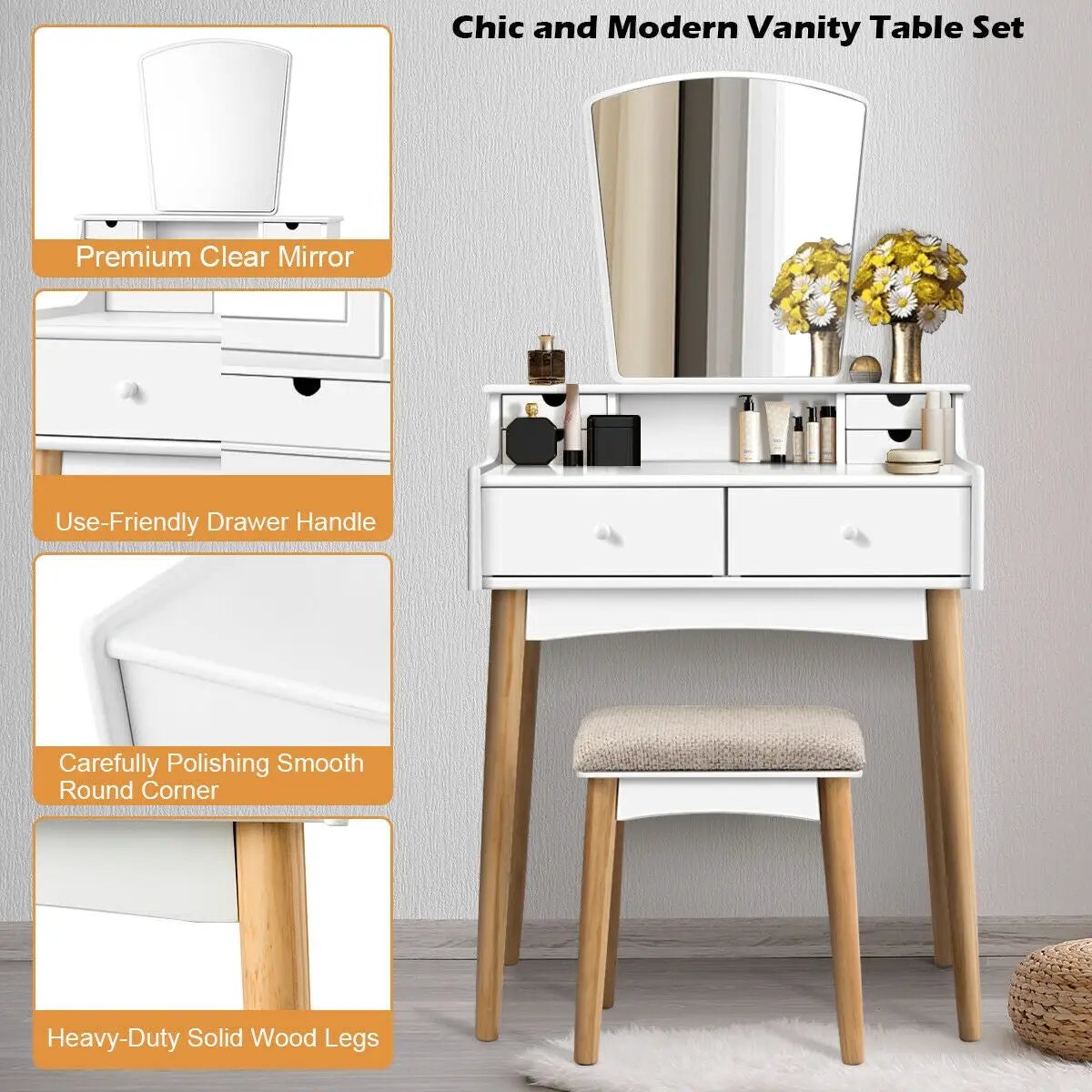 Makeup Vanity Set with 6 Drawers and Unique Shape Mirror by DirectDeals