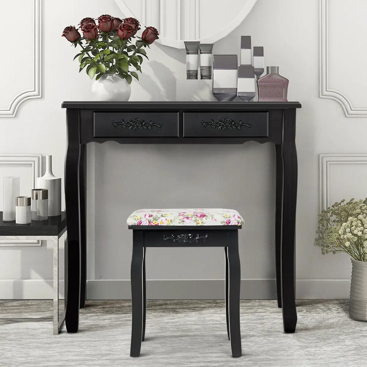 Vanity Wood Dressing Stool Padded Piano Seat with Rose Cushion by DirectDeals