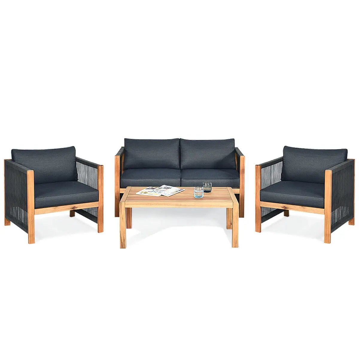 4 Pieces Acacia Wood Outdoor Patio Furniture Set with Cushions by DirectDeals
