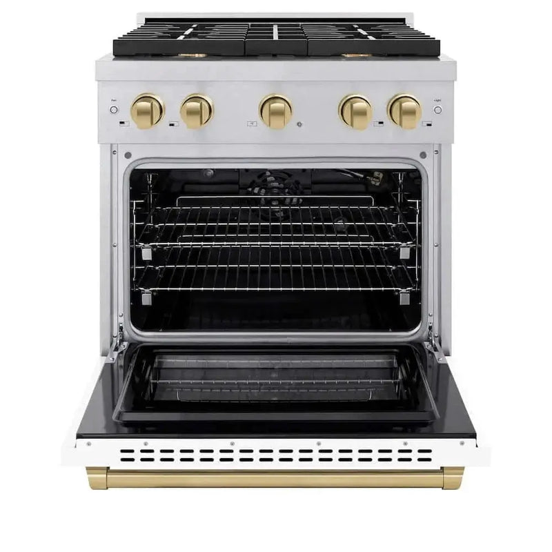 ZLINE 30"Gas Range, Convection Gas Oven, DuraSnow® White Matte, Champagne Bronze SGRSZ-WM-30-CB by Farmhouse Kitchen and Bath