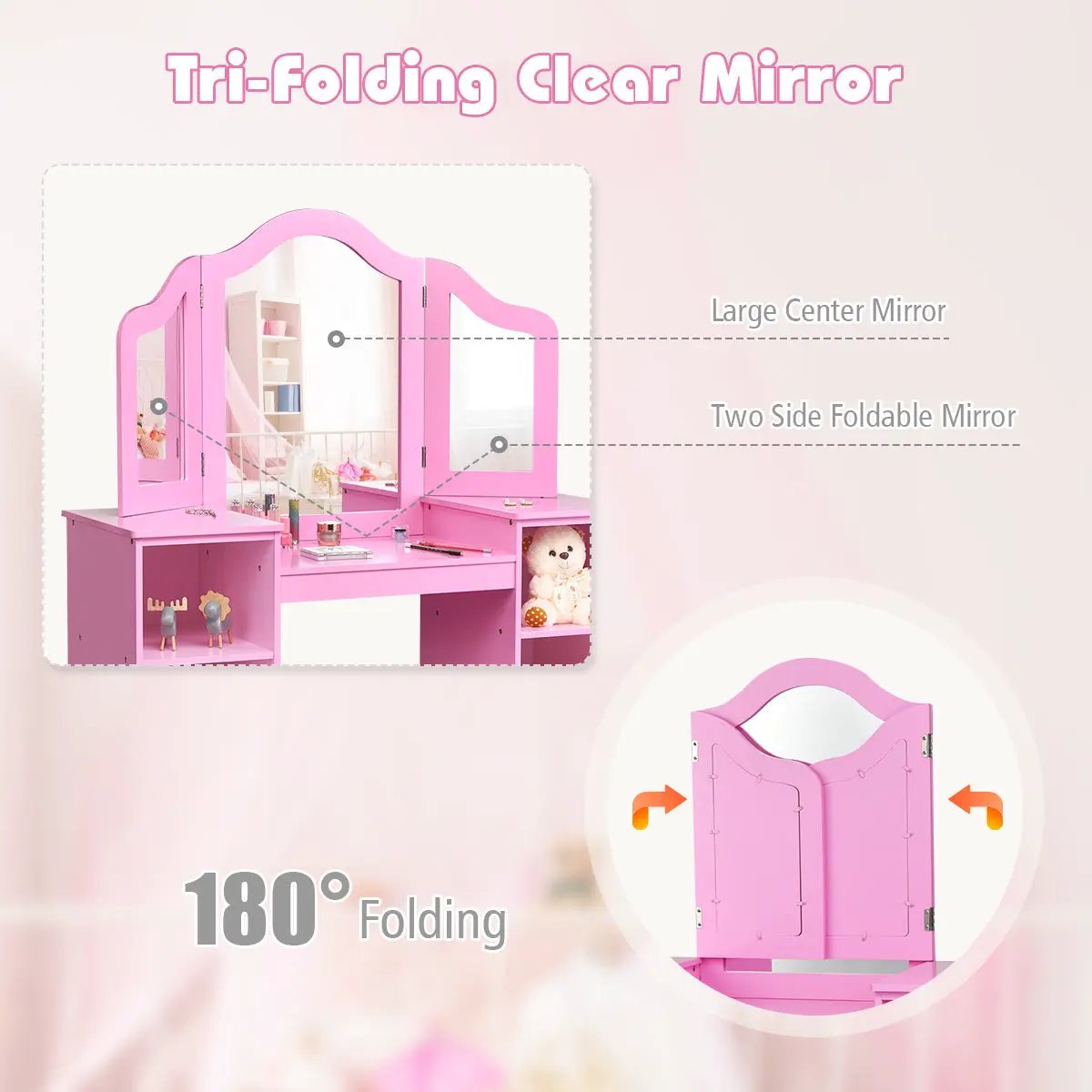 Kids Tri Folding Mirror Makeup Dressing Vanity Table Set by DirectDeals
