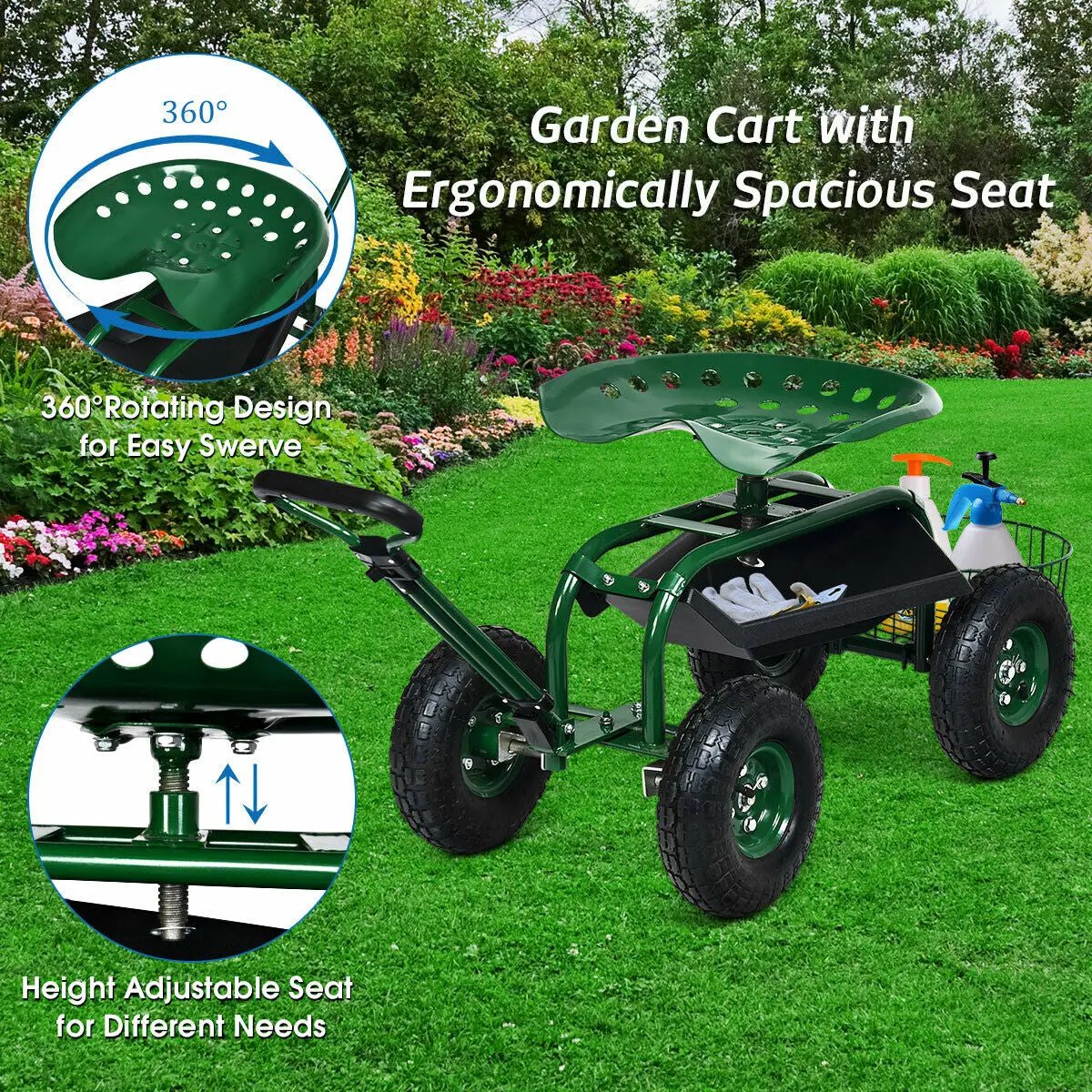 Heavy Duty Garden Cart with Tool Tray and 360 Swivel Seat by DirectDeals