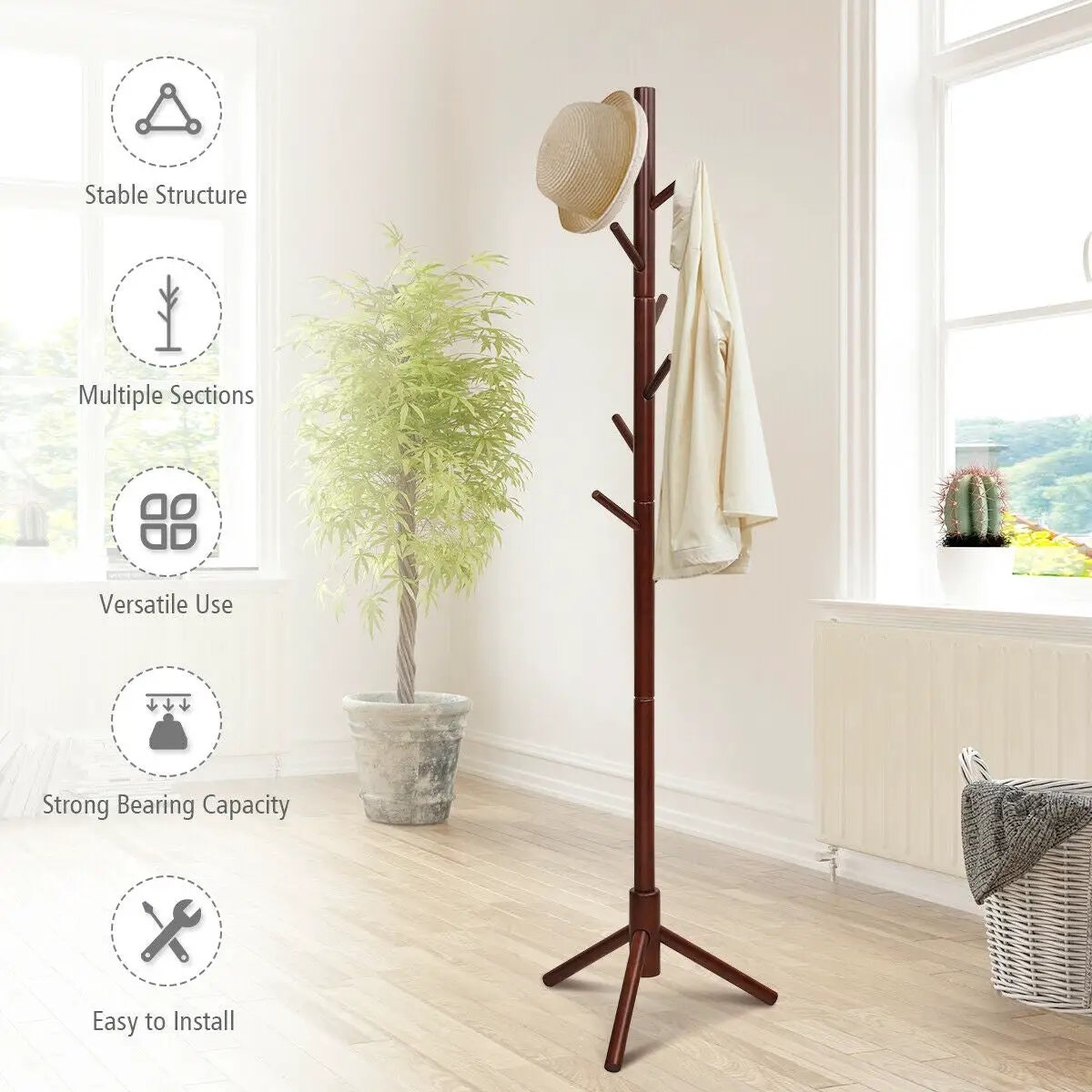 2 Heights Wooden Coat Rack with 8 Hooks by DirectDeals