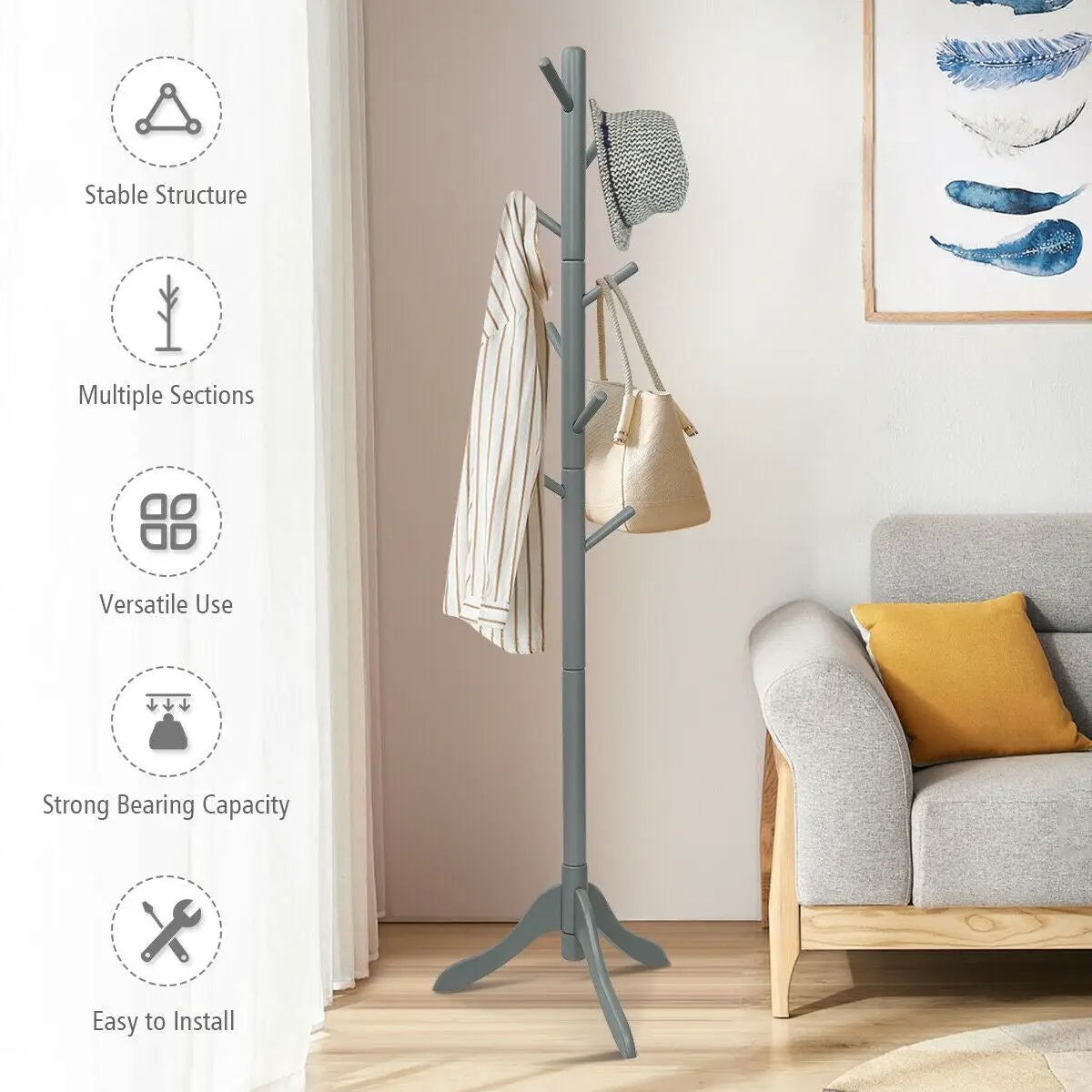 Adjustable Wooden Tree Coat Rack with 8 Hooks by DirectDeals
