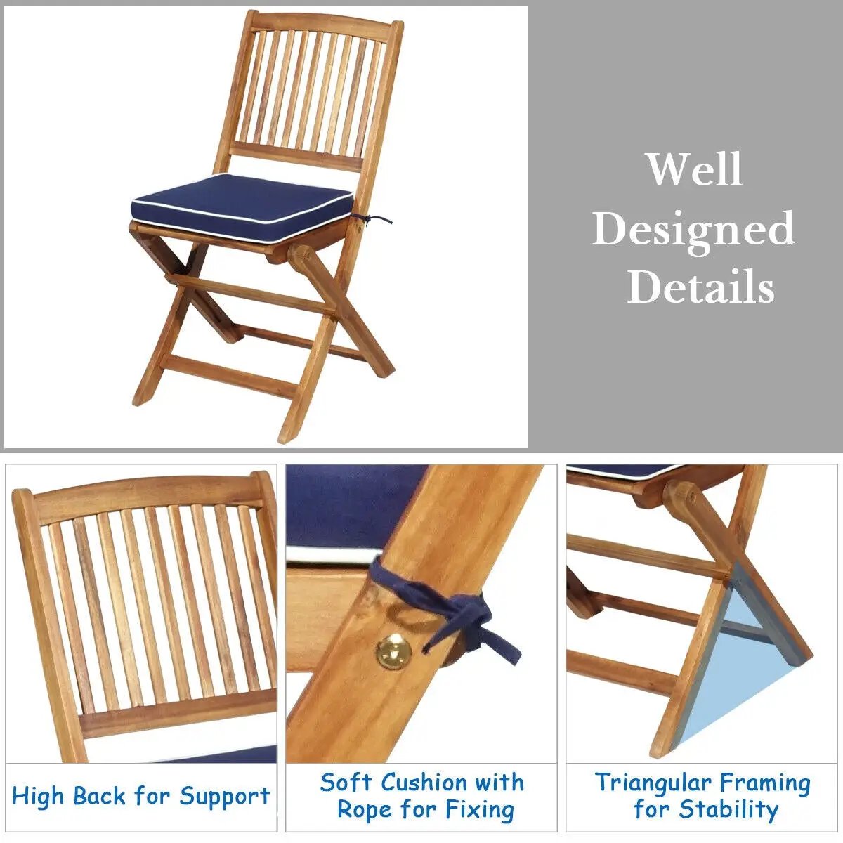 3 Pieces Patio Folding Bistro Set with Padded Cushion and Round Coffee Table-Navy by DirectDeals