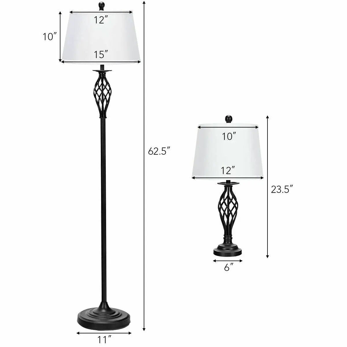 2 Table Lamps 1 Floor Lamp Set with Fabric Shades by DirectDeals