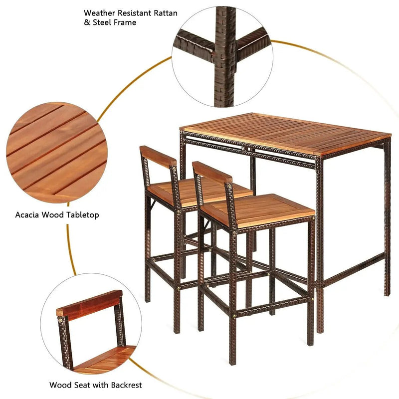 3 Pieces Patio Rattan Wicker Bar Dining Furniture Set by DirectDeals