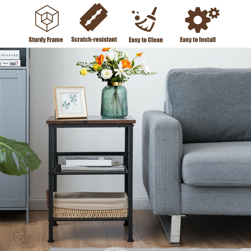 3-Tier Industrial End Table with Mesh Shelves and Adjustable Shelves by DirectDeals