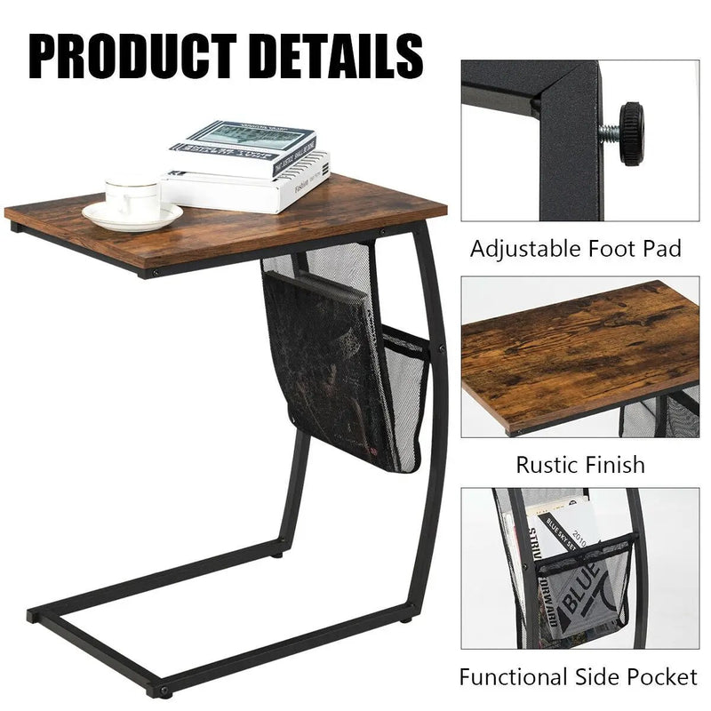 C-shaped Vintage End Table with Side Pocket and Metal Frame by DirectDeals