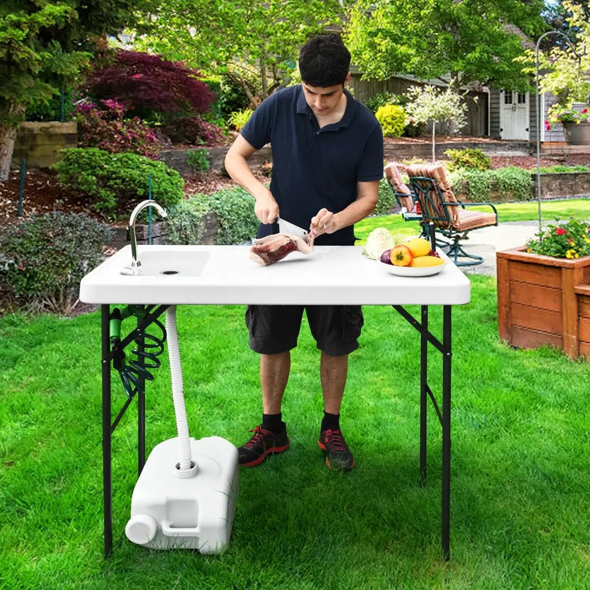Folding Cleaning Sink Faucet Cutting Camping Table with Sprayer by DirectDeals