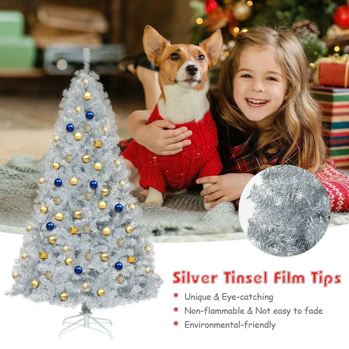 7.5 Ft Hinged Unlit Artificial Silver Tinsel Christmas Tree by DirectDeals