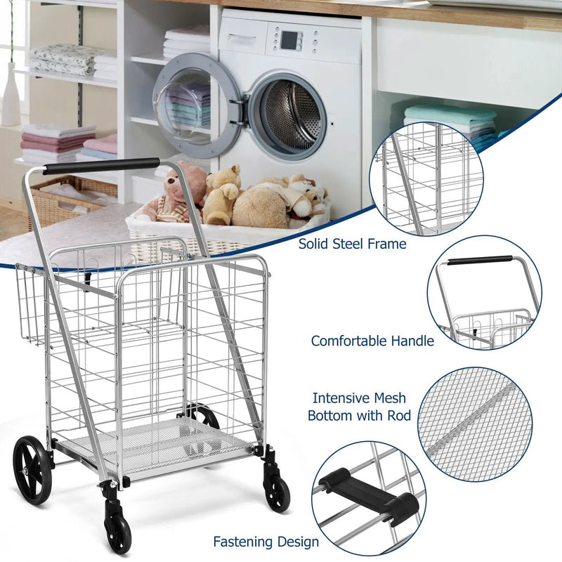 Heavy Duty Folding Utility Shopping Double Cart-Silver by DirectDeals