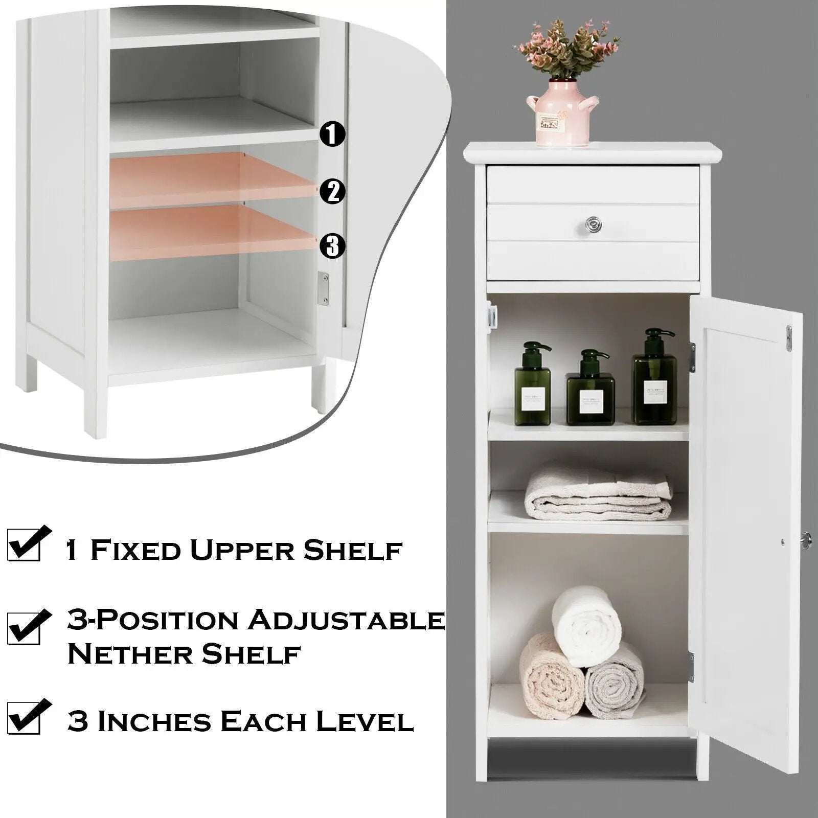 Wooden Bathroom Floor Storage Cabinet with Drawer and Shelf by DirectDeals