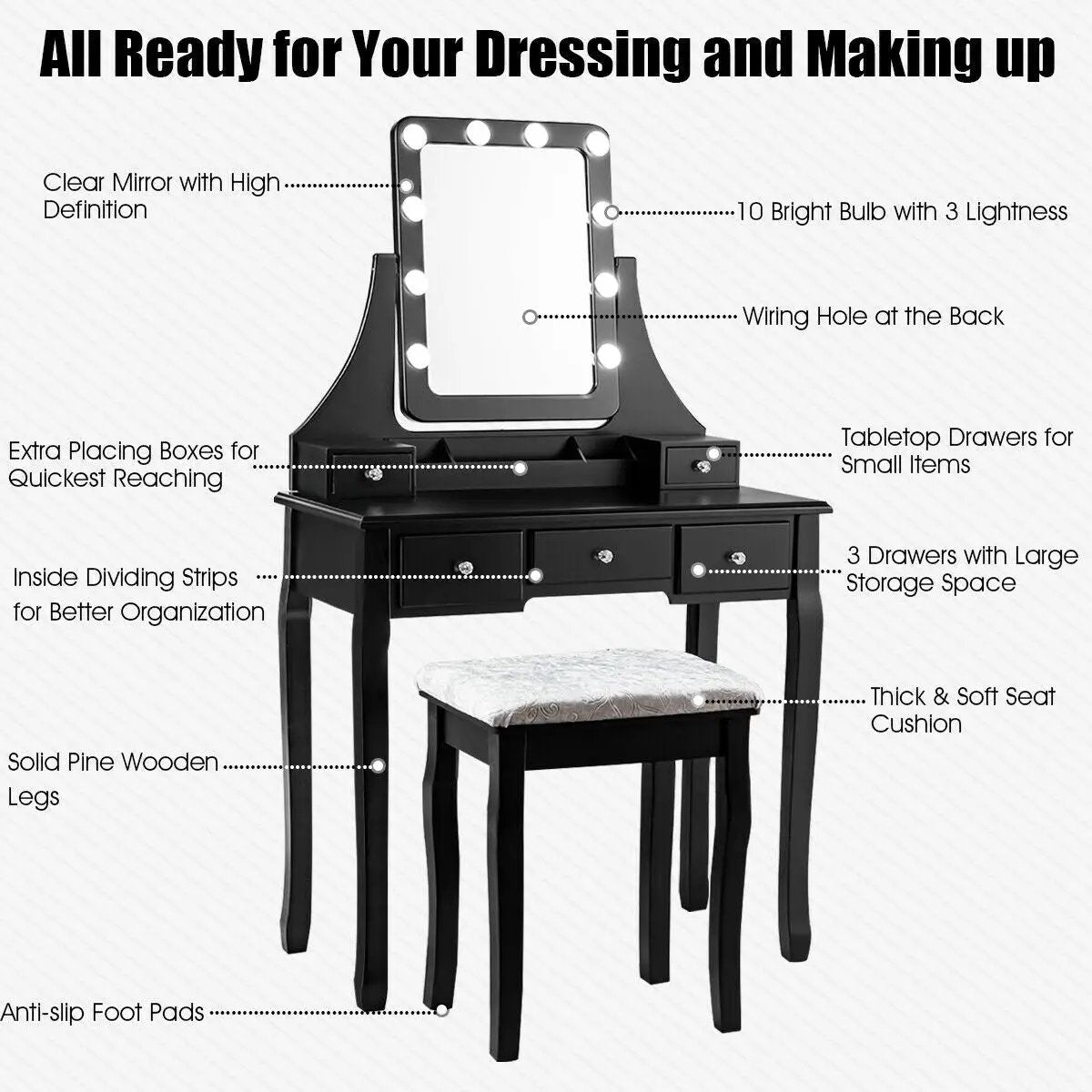 Vanity Dressing Table Set with 10 Dimmable Bulbs and Cushioned Stool by DirectDeals