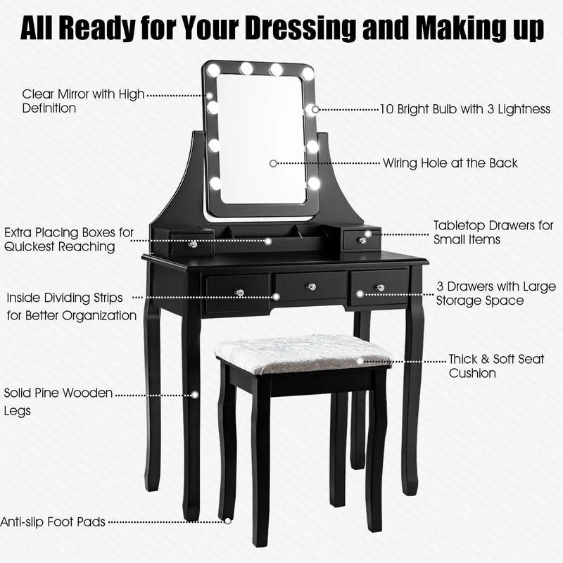 Vanity Dressing Table Set with 10 Dimmable Bulbs and Cushioned Stool by DirectDeals