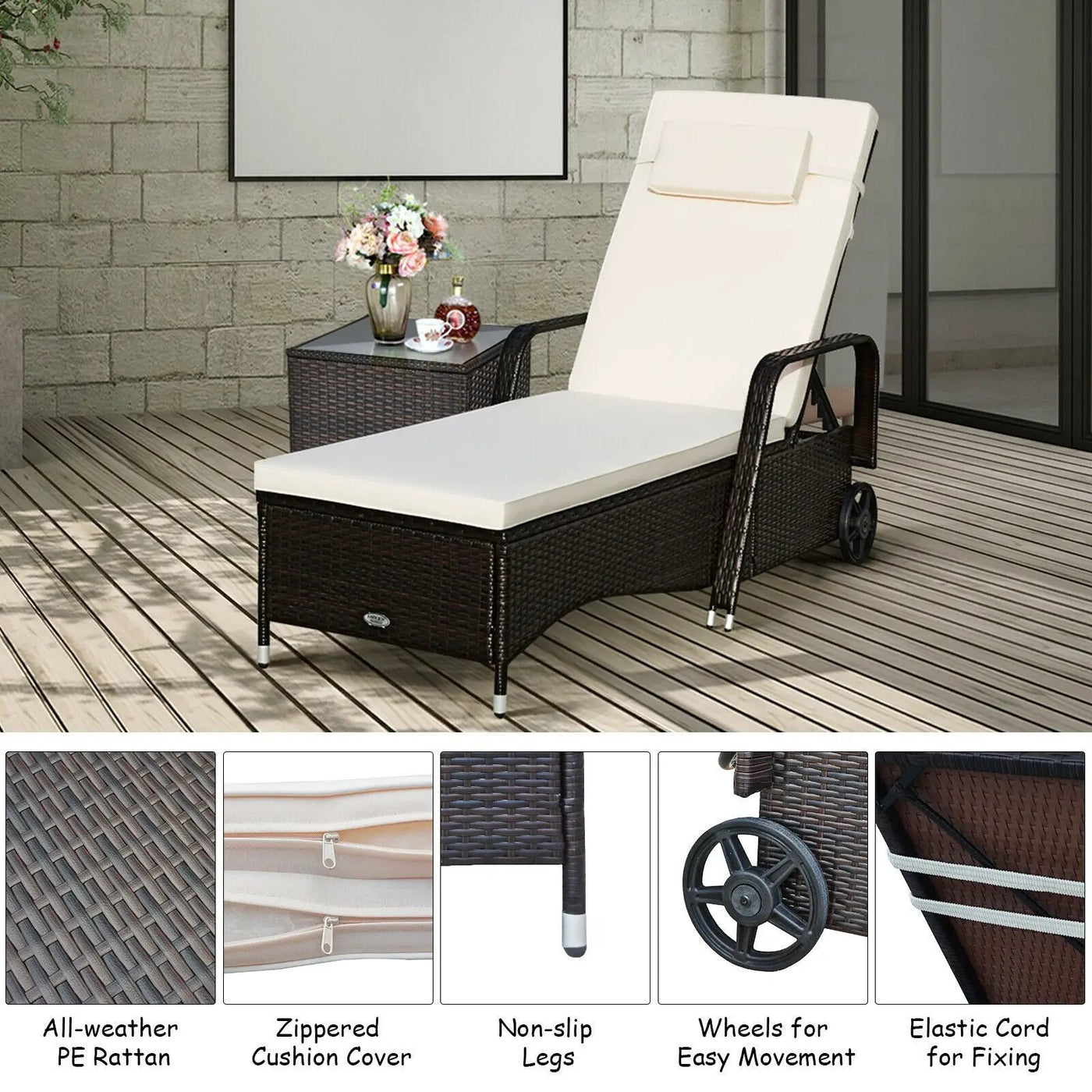 Outdoor Recliner Cushioned Chaise Lounge with Adjustable Backrest by DirectDeals