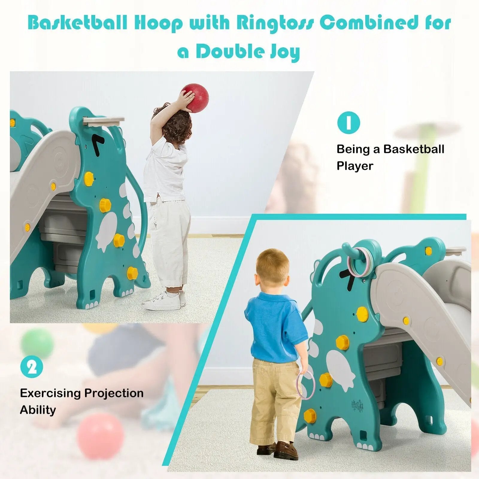 4-in-1 Kids Climber Slide Play Set with Basketball Hoop-Green by DirectDeals
