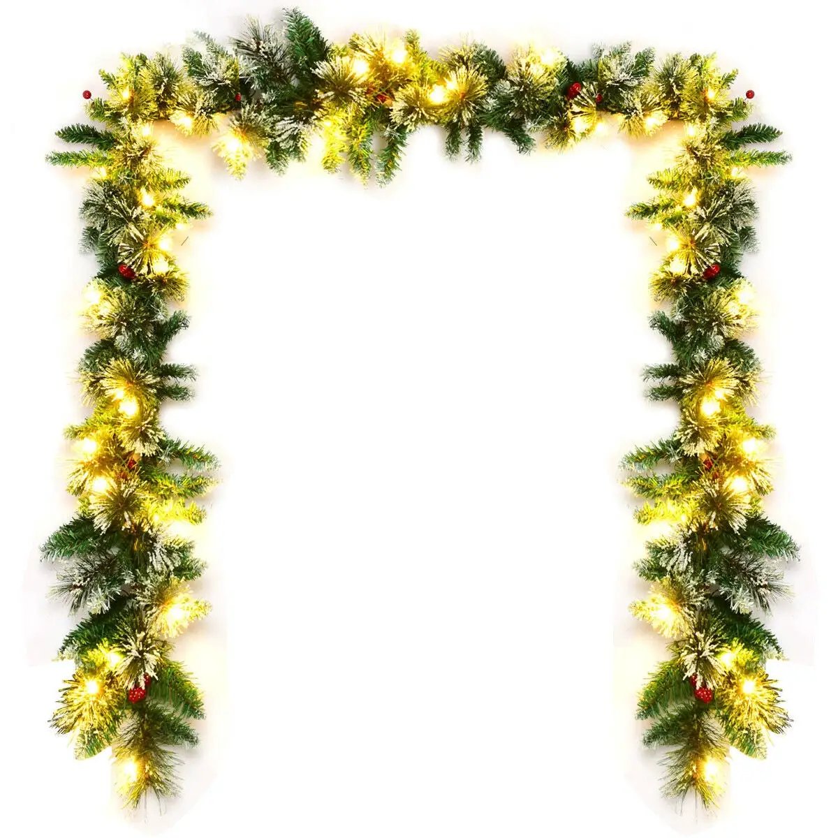9 Feet Pre-lit Snow Flocked Tips Christmas Garland with Red Berries by DirectDeals