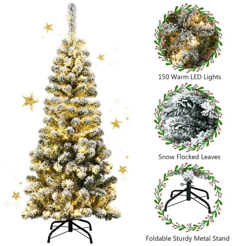 4.5 Feet Pre-Lit Snow Flocked Pencil Christmas Tree with 150 LED Light by DirectDeals