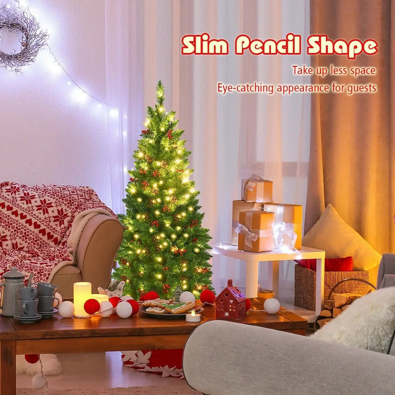 4.5 Feet Pre-lit Hinged Pencil Christmas Tree with Pine Cones Red Berries and 150 Lights by DirectDeals