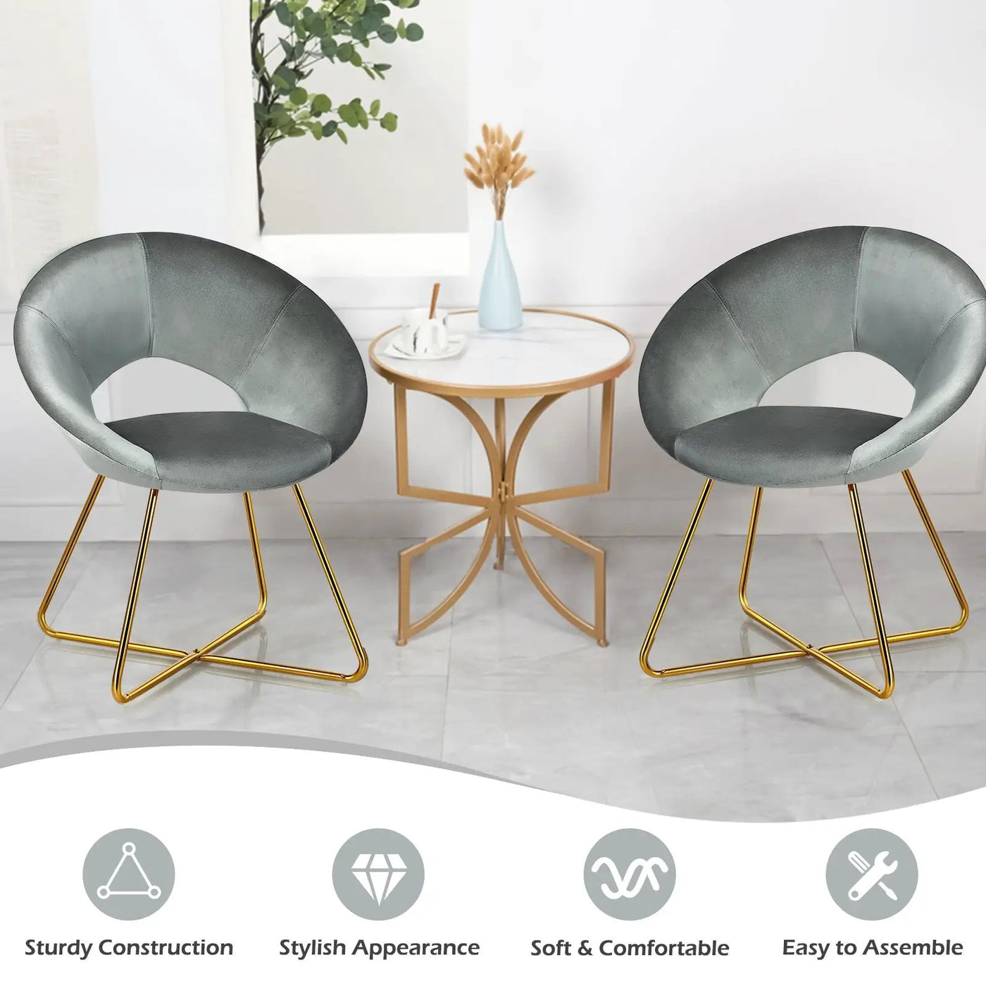Modern Accent Velvet Dining Arm Chair with Golden Metal Legs and Soft Cushion by DirectDeals