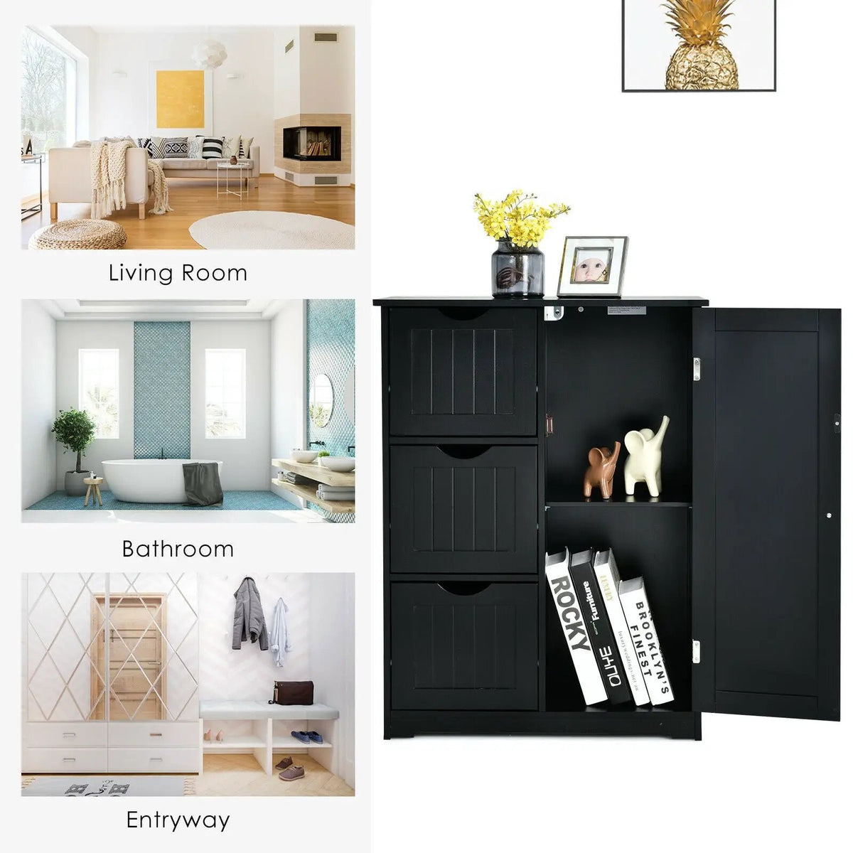 Bathroom Floor Cabinet Side Storage Cabinet with 3 Drawers and 1 Cupboard by DirectDeals