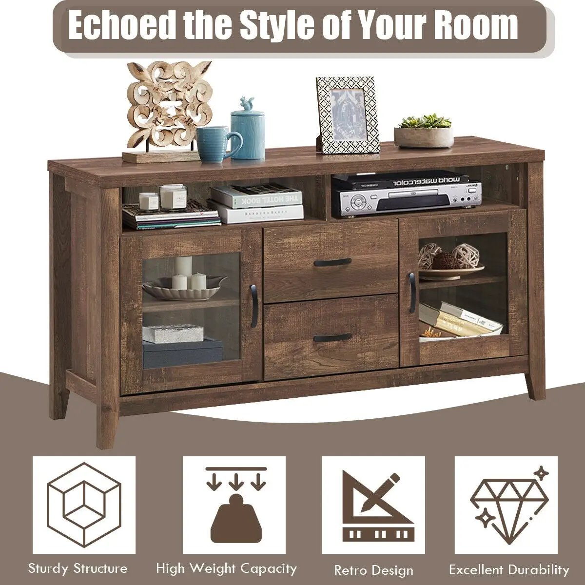 Wooden Retro TV Stand with Drawers and Tempered Glass Doors by DirectDeals