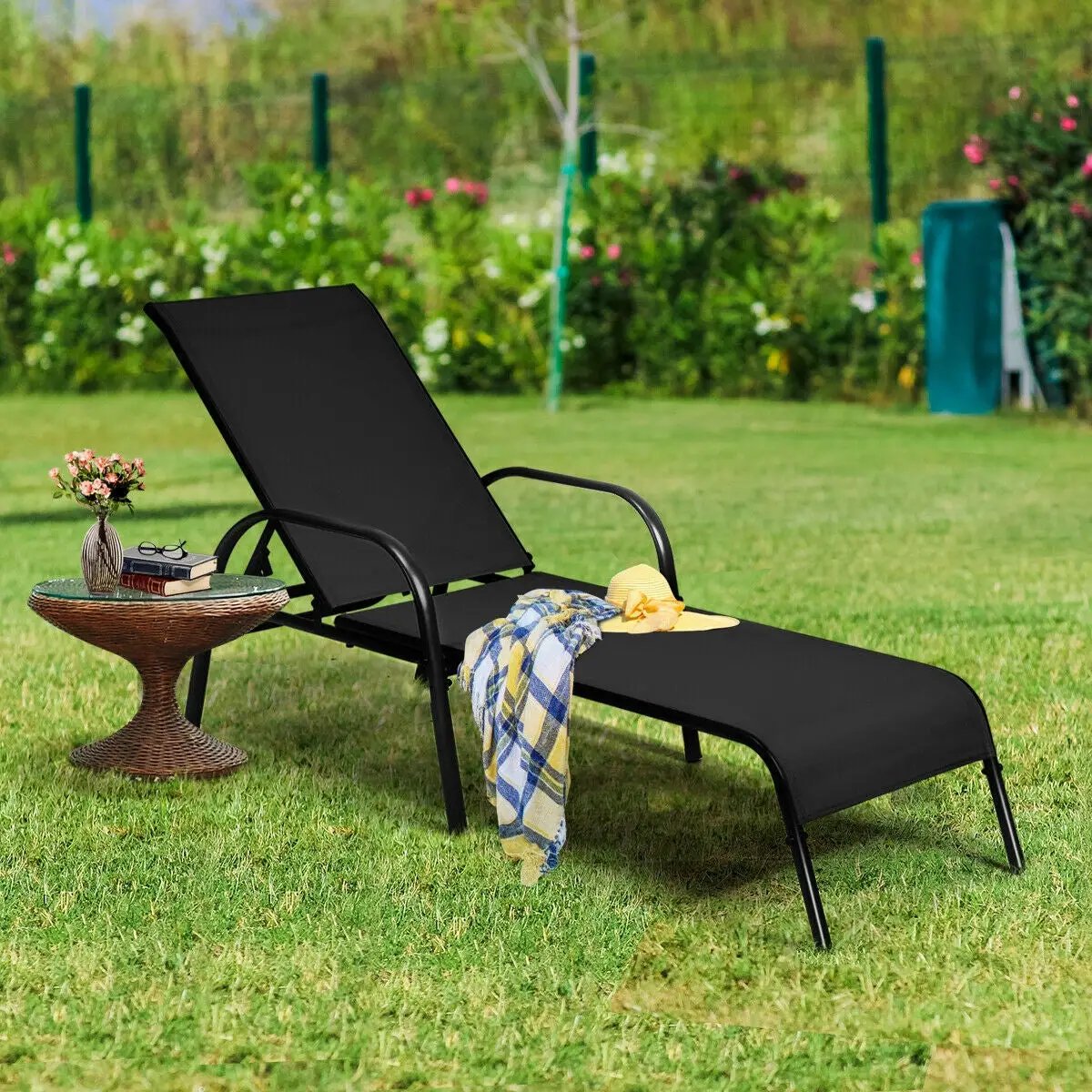 2 Pcs Outdoor Patio Lounge Chair Chaise Fabric with Adjustable Reclining Armrest-Brown by DirectDeals