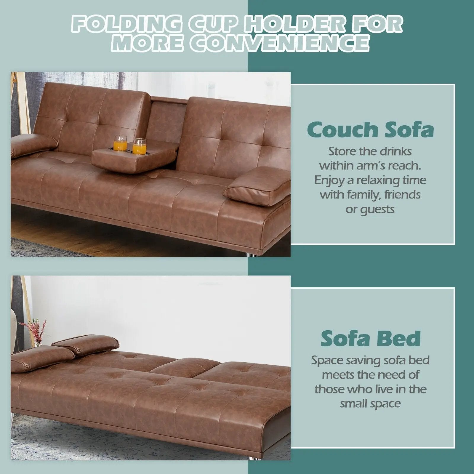 Convertible Folding Leather Futon Sofa with Cup Holders and Armrests by DirectDeals