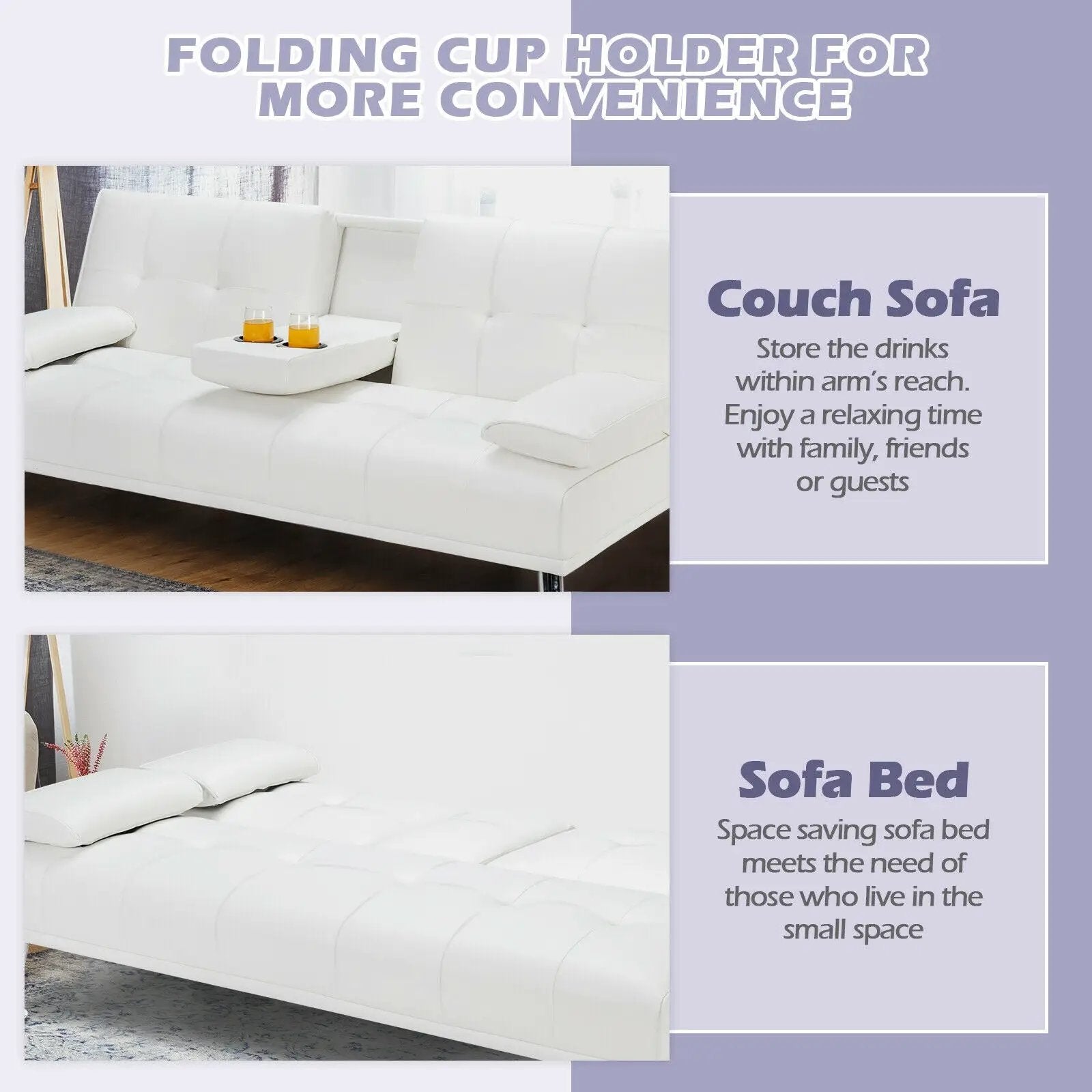 Convertible Folding Leather Futon Sofa with Cup Holders and Armrests by DirectDeals